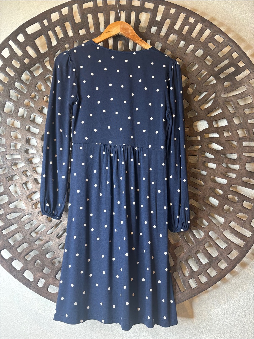 💙Boden Navy Blue Polka Dot V-Neck Dress Petite 4P Stretch Long Sleeve Flowy💙 - Picture 5 of 11